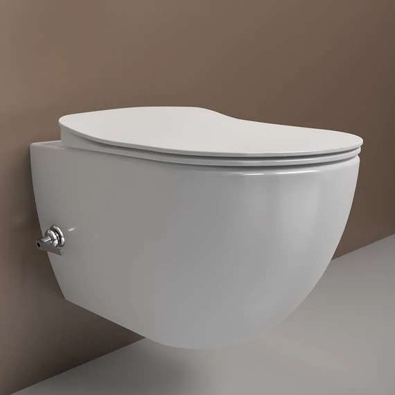 FREE závesné WC s bidetovou sprškou a integrovanou batériou na studenú a teplú vodu, rimless, biela